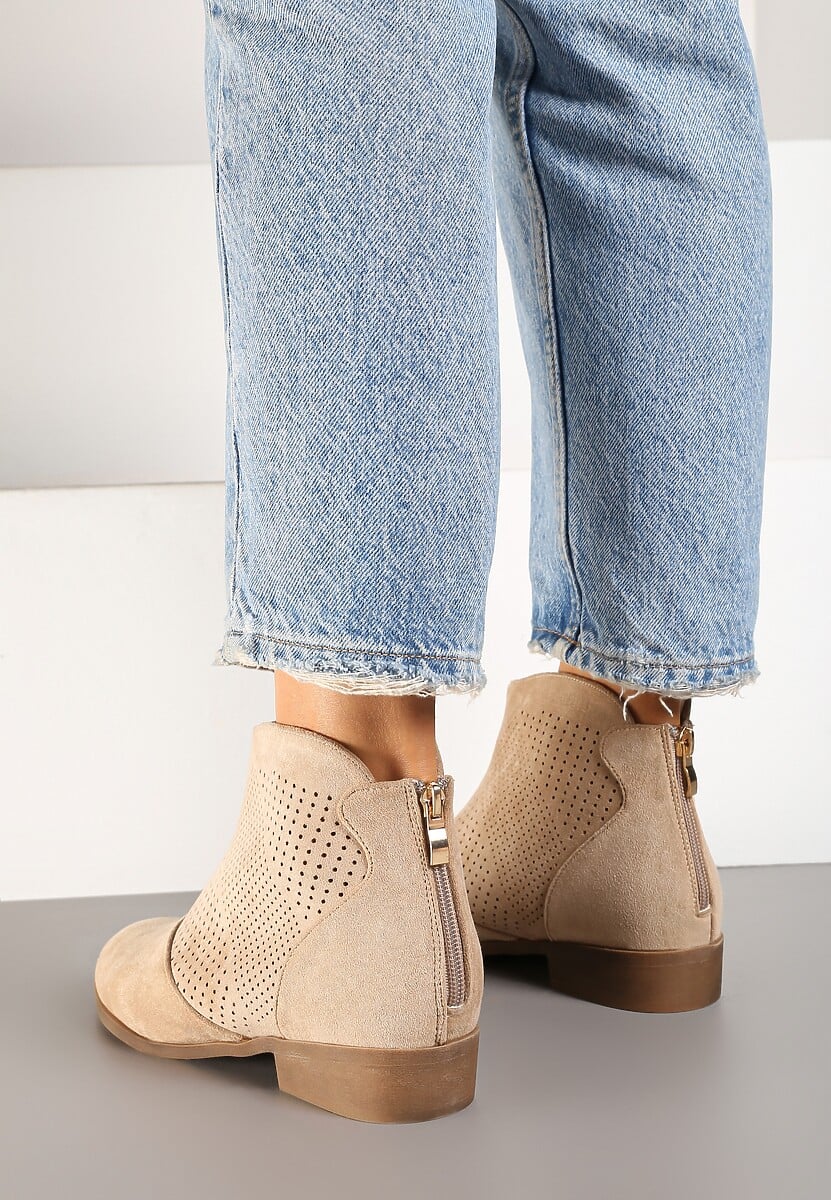 Beżowe Botki Vices z Ekozamszu z Ażurową Cholewką Selianae