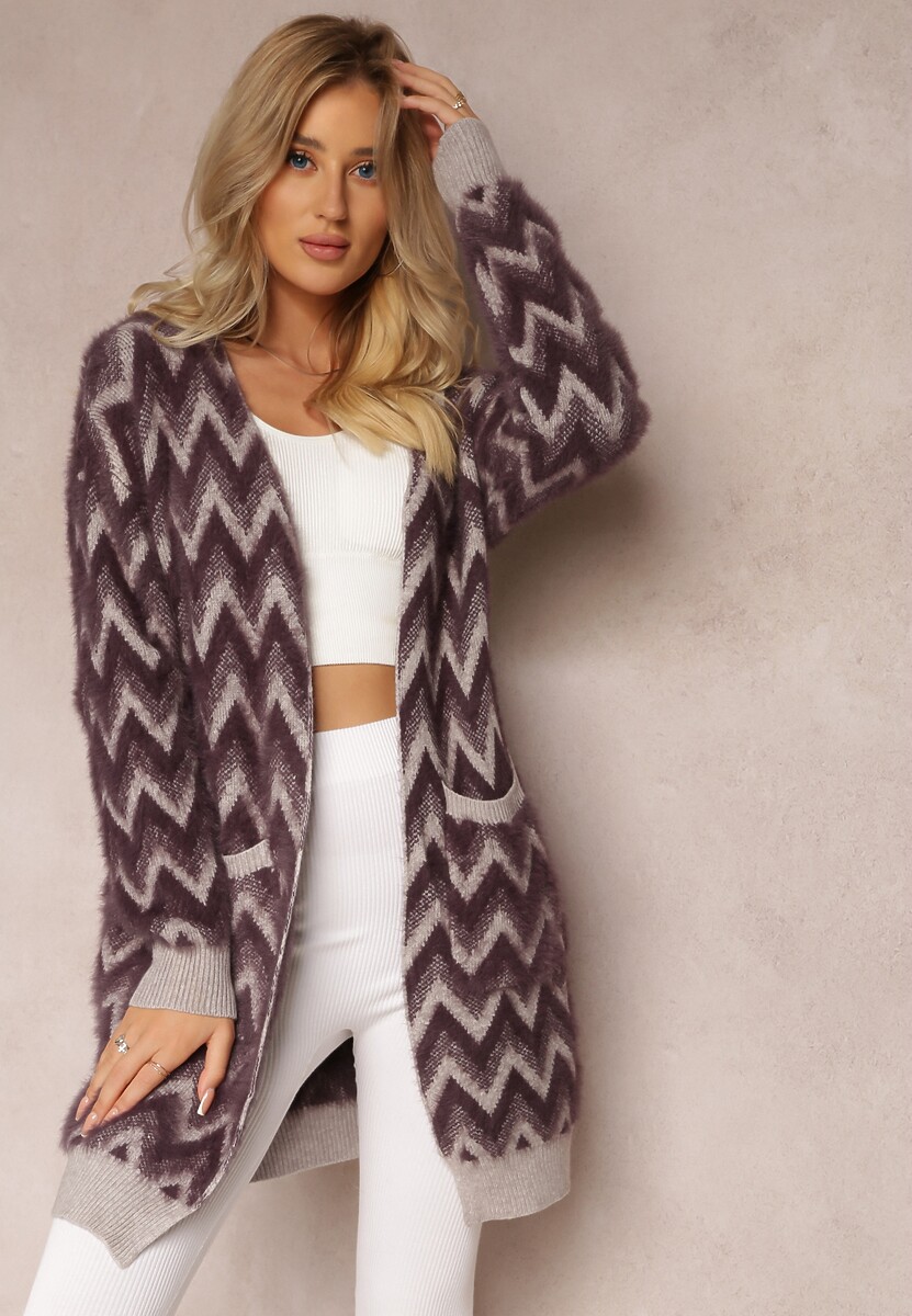 Jasnobeżowy Niezapinany Kardigan o Przedłużonym Fasonie w Zygzaki Chevron Oherna