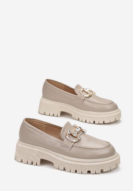 Ciemnobeżowe Mokasyny na Platformie z Klamerką Arucja