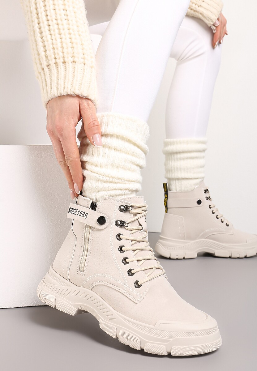 Beżowe Sznurowane Botki Traperki na Grubej Podeszwie Trewenna