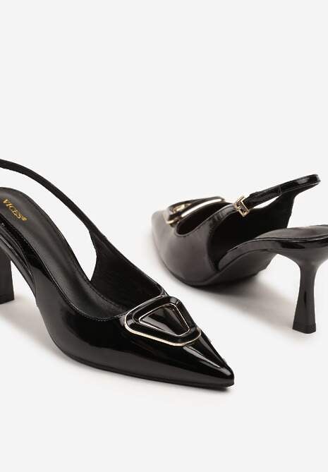 Czarne Czółenka Sandały na Szpilce Vices Slingback Lakierowane z Ozdobą Ataloria