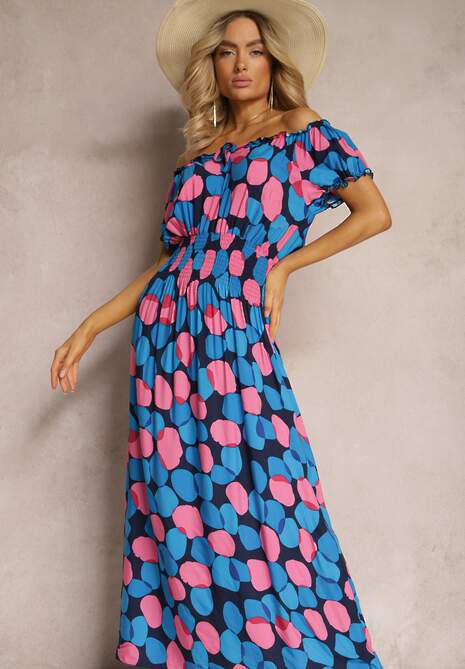 Granatowo-Różowa Sukienka Hiszpanka z Bawełny z Modelującą Gumką w Pasie Vearica