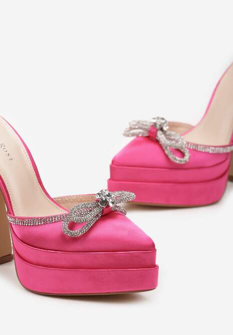 Fuksjowe Sandały na Geometrycznej Szpilce z Platformą z Odkrytą Piątą i Biżuteryjną Kokardką Mornia