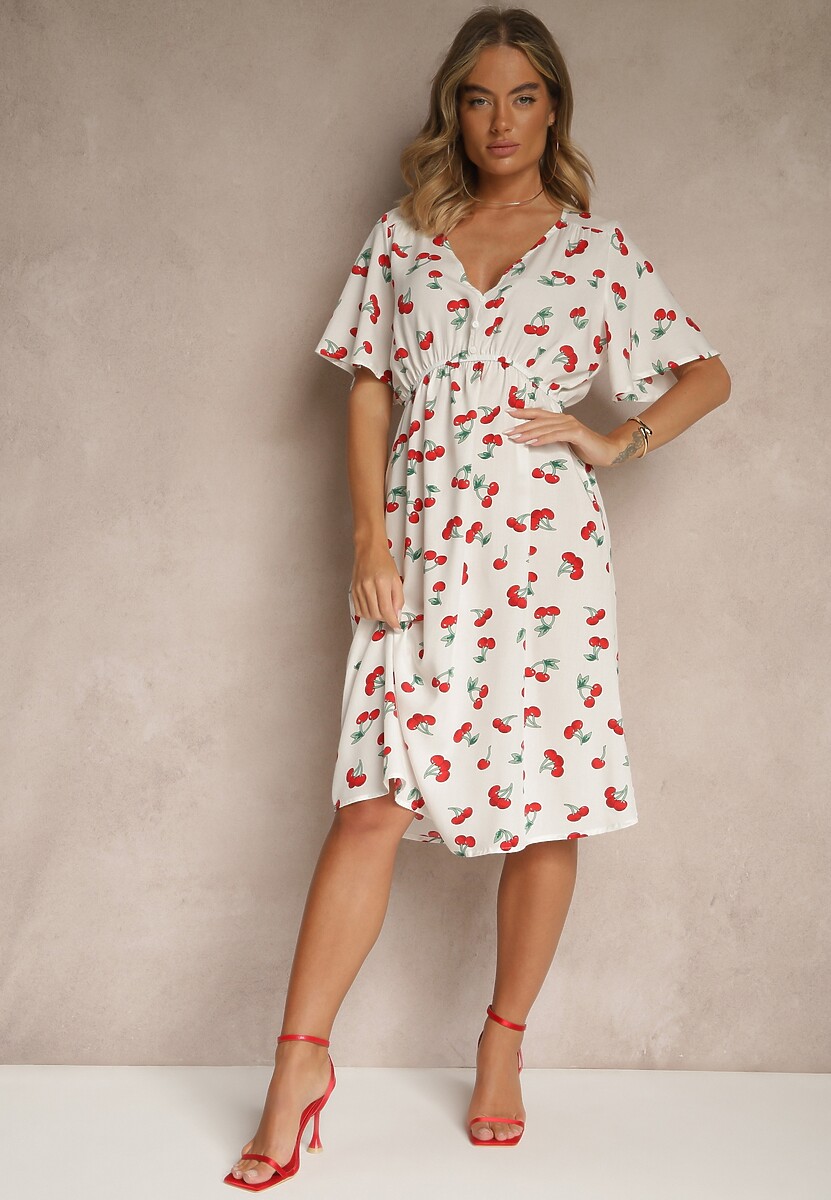 Biała Rozkloszowana Sukienka z Bawełny Zdobiona Printem w Wisienki Folenea