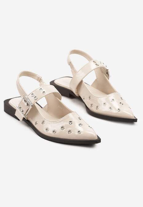 Beżowe Lakierowane Sandały Ozdobione Metalicznymi Detalami Saniora