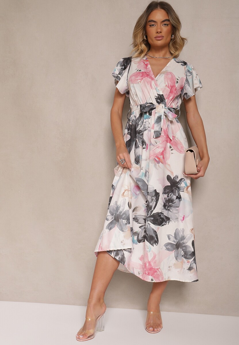 Biało-Czarna Kopertowa Sukienka z Wiązanym Paskiem w Kwiatowy Wzór Redellira