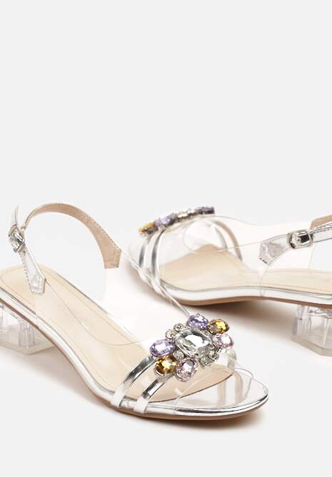 Srebrne Przezroczyste Sandały na Słupku z Cyrkoniowym Zdobieniem Senalisea