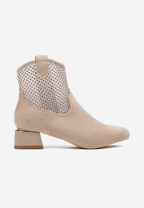 Beżowe Botki na Słupku Vices Ozdobione Siateczką na Cholewce Deovenna