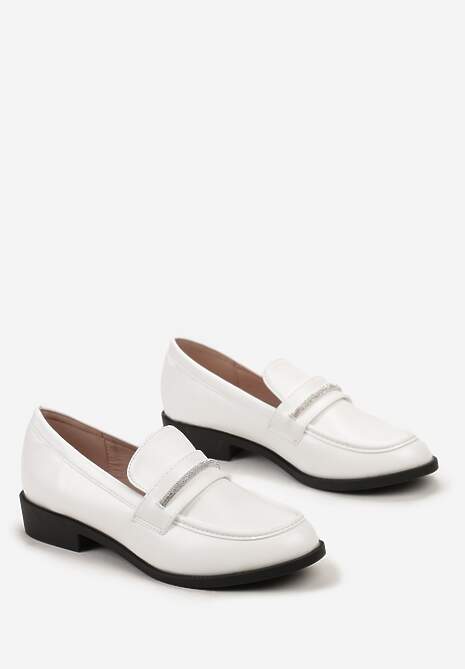 Białe Wsuwane Mokasyny z Imitacji Skóry Zdobione Cyrkoniami Croiss