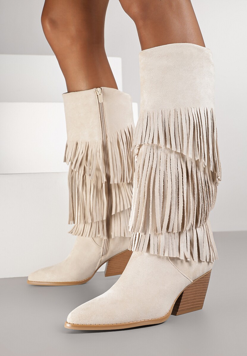 Beżowe Kozaki Kowbojki na Stożku Ozdobione Frędzlami Giolanda