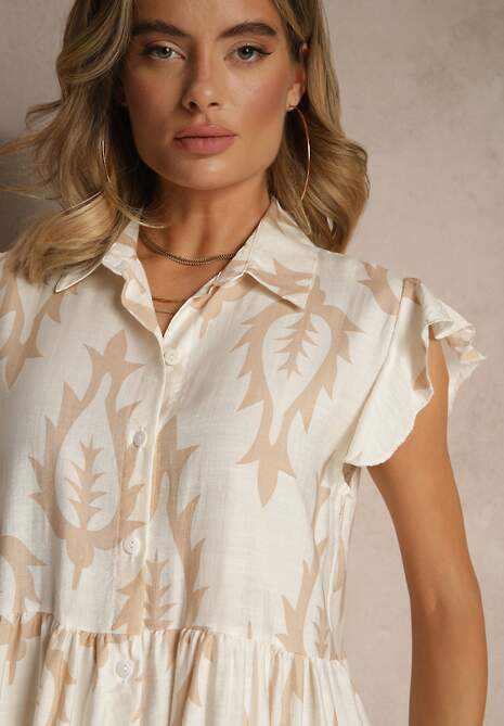 Beżowa Koszulowa Sukienka z Lnem i Wiskozą o Rozkloszowanym Kroju Aranese