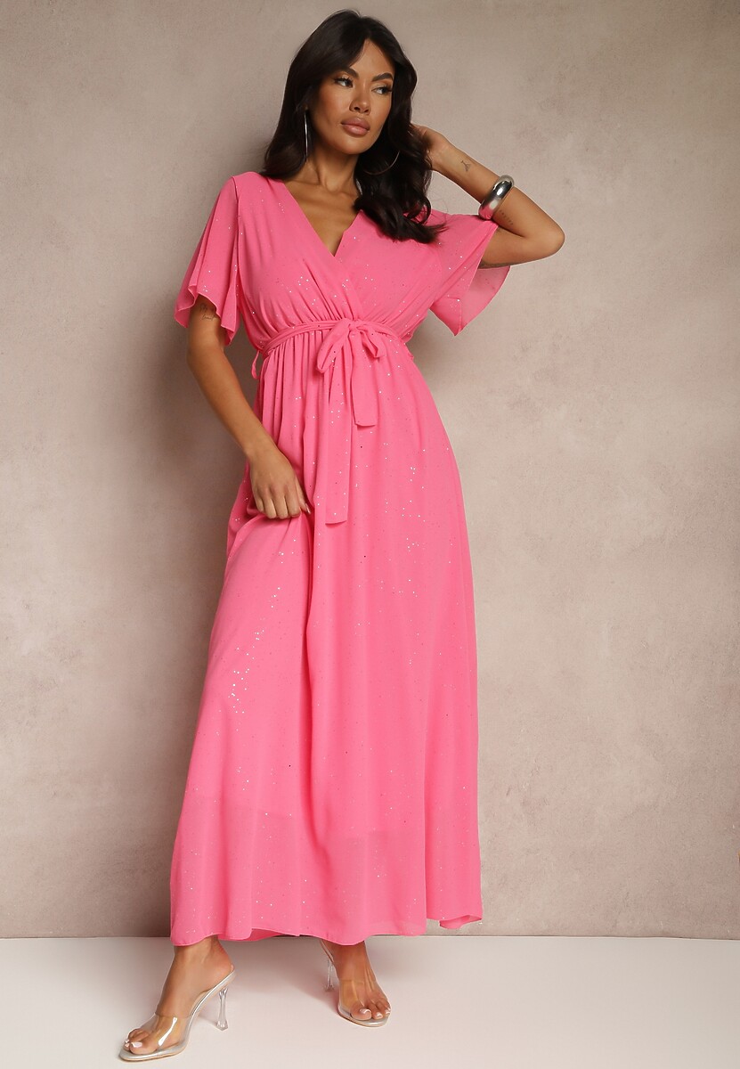 Fuksjowa Koktajlowa Brokatowa Sukienka z Paskiem Addlea