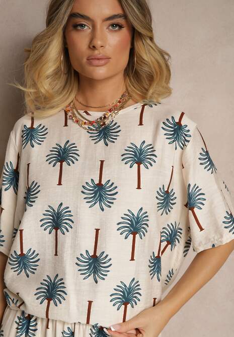 Niebieski Komplet z Wiskozy Zdobiony Printem w Palmy Szerokie Spodnie i T-shirt Zioleana