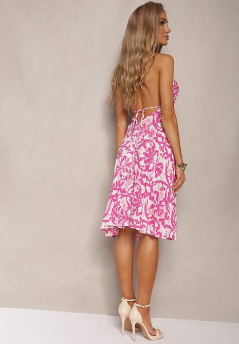 Różowa Sukienka z Kopertowym Dekoltem na Ramiączkach Wiązana na Szyi Ieviana