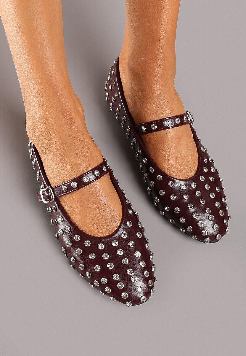 Bordowe Cyrkoniowe Balerinki na Płaskiej Podeszwie z Ozdobnym Paskiem Bararia