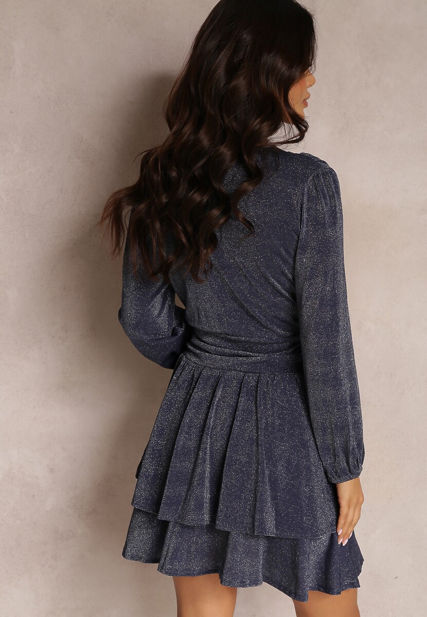 Granatowa Sukienka Rozkloszowana z Metaliczną Nitką Necile