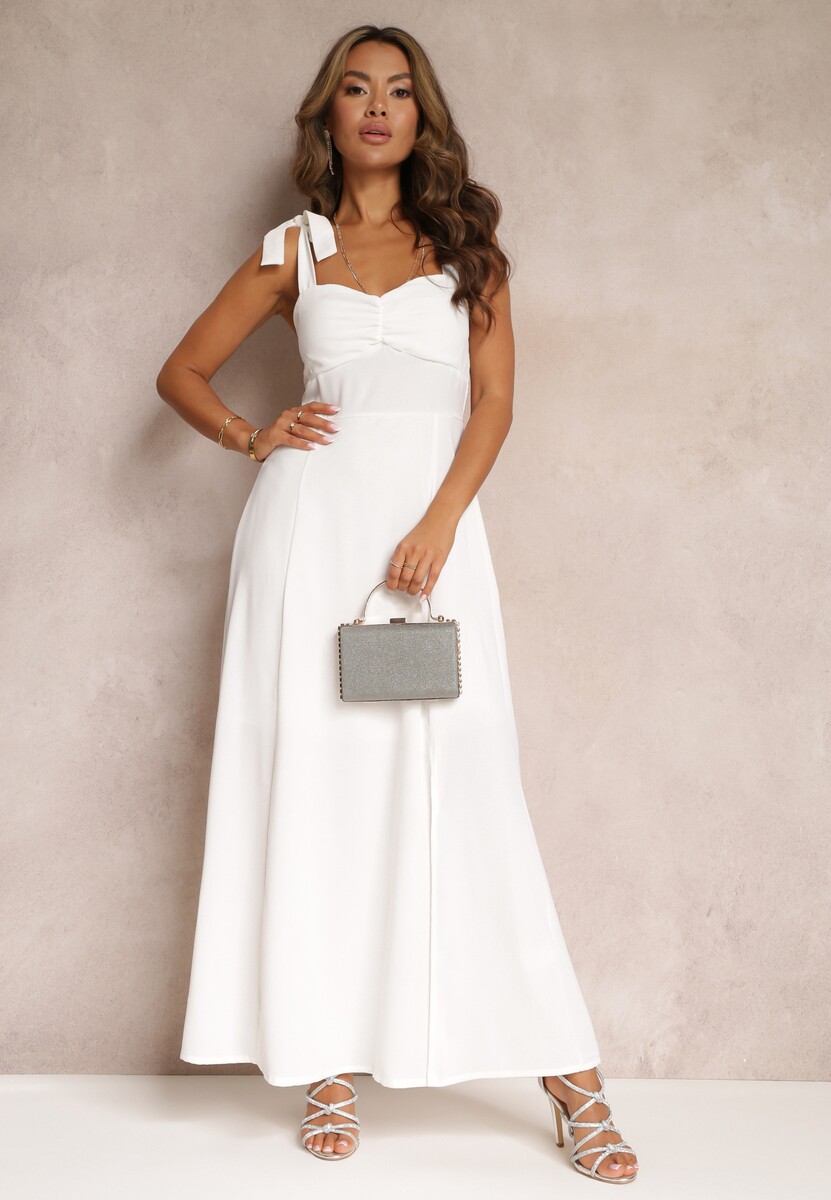 Biała Sukienka Rozkloszowana z Wiązanymi Ramiączkami i Wycięciem Argomeda