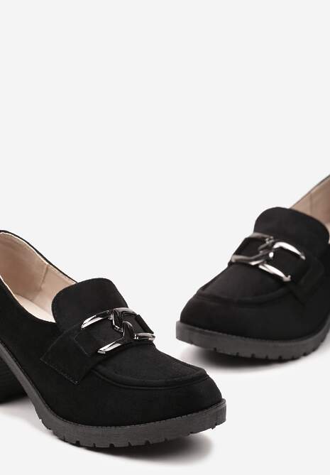 Czarne Półbuty na Słupku Ozdobione Klamerką Nicarda
