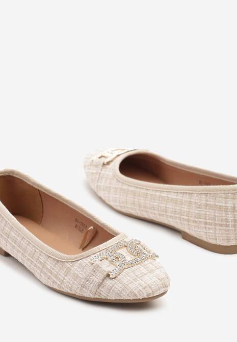 Beżowe Balerinki Tweedowe Ozdobione Cyrkoniami Nuritta