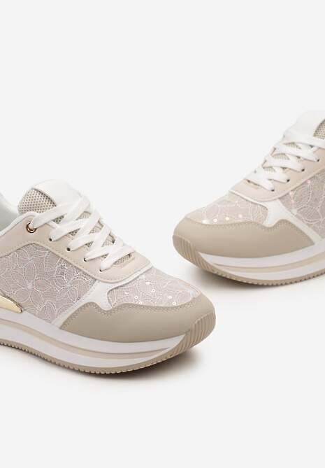 Beżowe Sneakersy na Grubej Podeszwie z Brokatem i Metaliczną Wstawką Velari