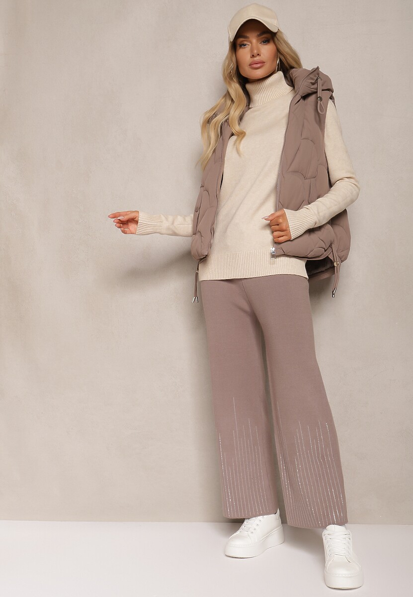 Ciemnoszare Spodnie o Szerokim Kroju High Waist z Cyrkoniami i Gumką w Pasie Loreitha