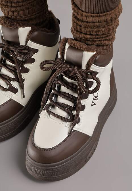 Beżowo-Brązowe Sneakersy na Grubej Podeszwie Mocno Ocieplane Futrem Leavinael