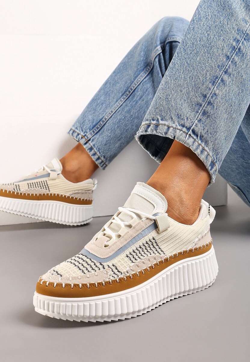 Beżowe Casualowe Sneakersy z Wiązaniem na Wzorzystej Grubej Podeszwie Aniata