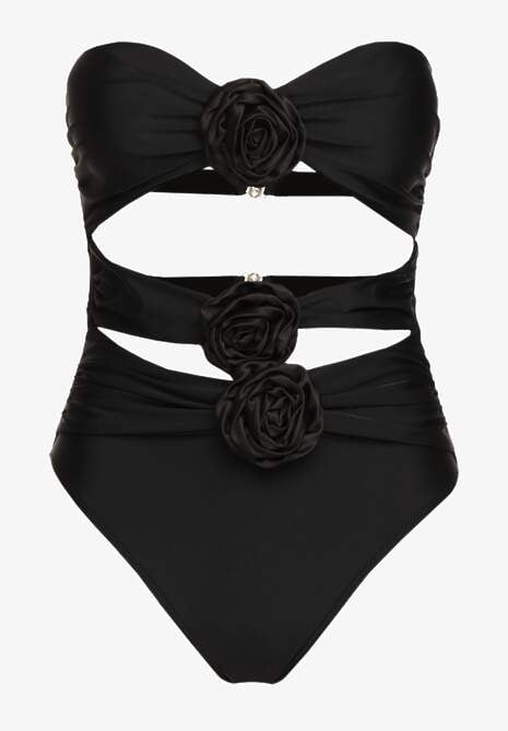 Czarny Strój Kąpielowy Jednoczęściowy Bez Ramiączek z Aplikacją Kwiatu Nansilah