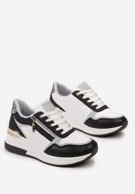 Czarno-Białe Sneakersy z Metaliczną i Brokatową Wstawką na Koturnie Neomalle