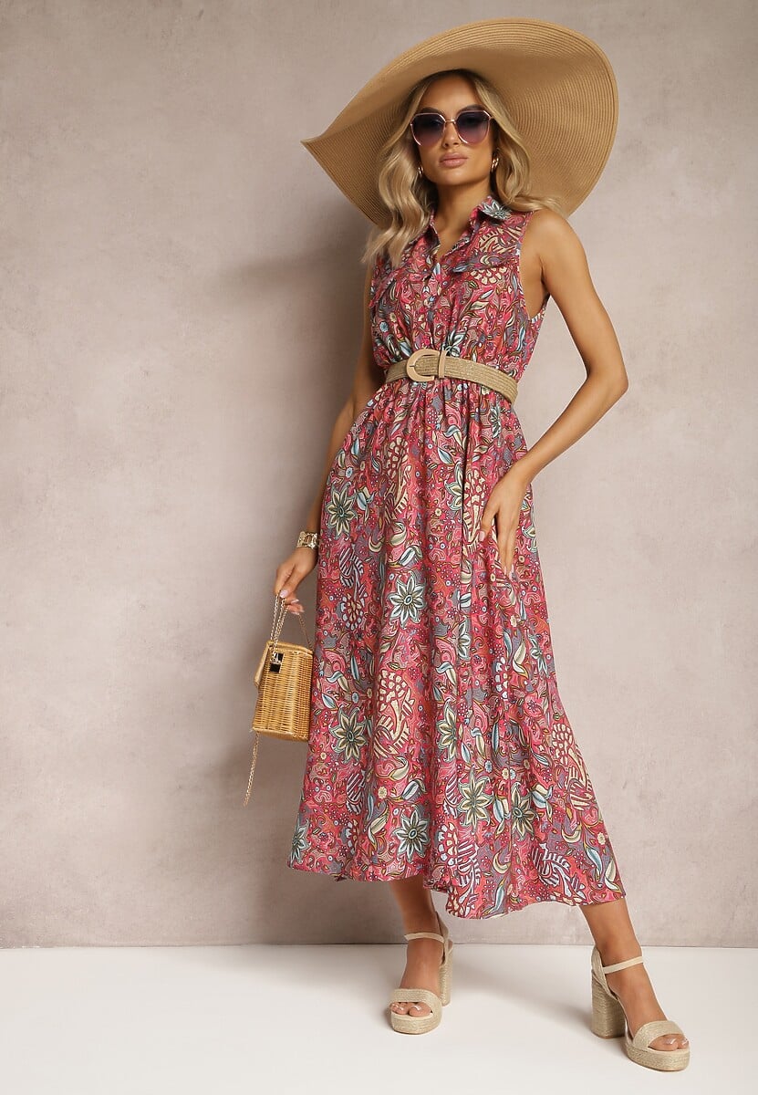 Ciemnoróżowa Kwiecista Sukienka o Rozkloszowanym Kroju Tirana