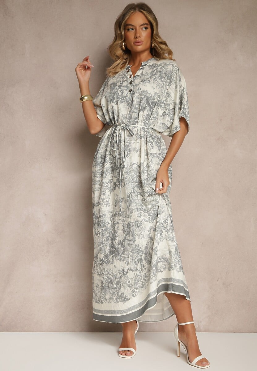Szara Sukienka Oversize z Wiskozą i Abstrakcyjnym Motywem Lunisana