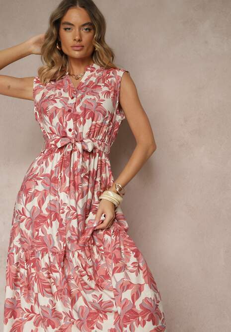 Różowa Wiskozowa Sukienka o Rozkloszowanym Kroju Bez Rękawów z Wiązaniem Revalisse