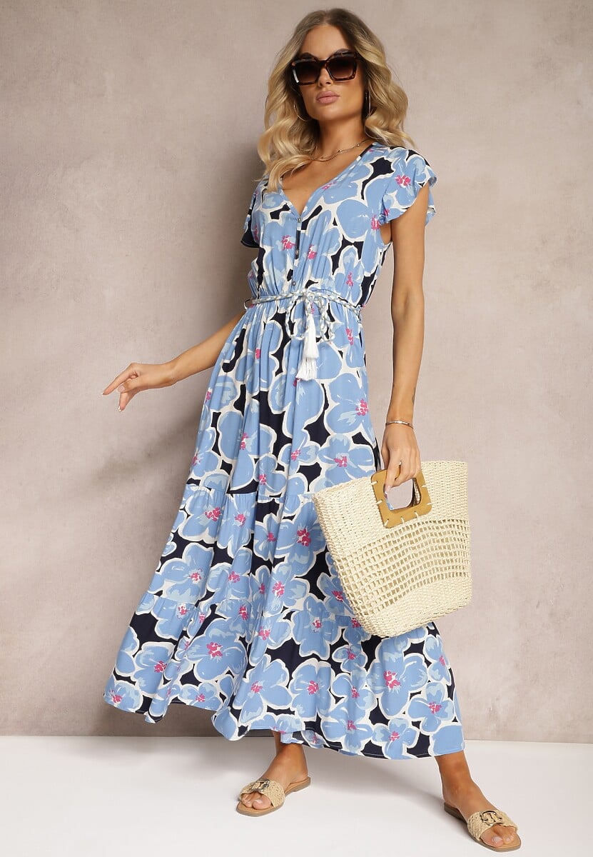 Niebieska Kwiecista Sukienka z Wiskozy z Gumką w Talii Wiązana Materiałowym Paskiem Vikennia