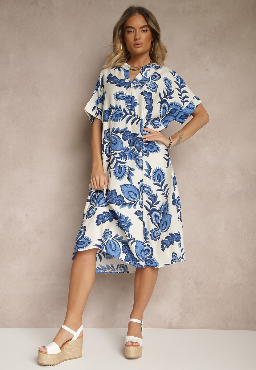 Niebieska Sukienka z Lnem i Wiskozą w Etniczne Kwiaty o Pudełkowym Kroju Natireia