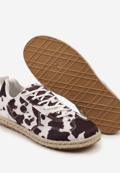 Brązowo-Białe Sneakersy Kultowe Tenisówki ze Wzorem w Łaty z Podeszwą Zdobioną Plecionką Zarorella