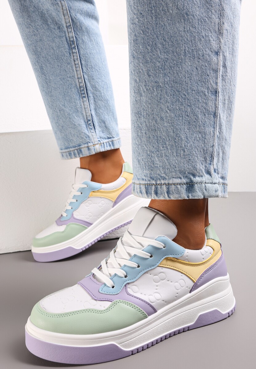 Czarno-Białe Sneakersy Sznurowane na Grubej Podeszwie Ainne