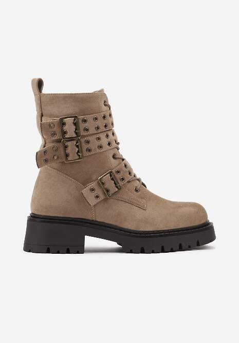 Ciemnobeżowe Botki z Ekozamszu na Grubej Podeszwie Zdobione Paskami z Klamrami wokół Cholewki Alleine