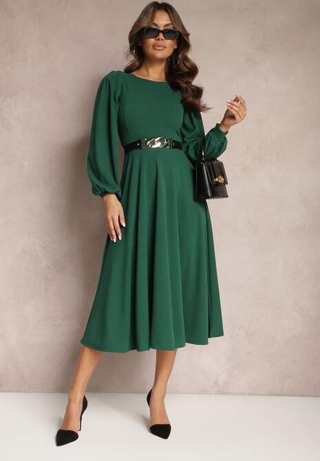 Zielona Sukienka Midi o Rozkloszowanym Fasonie z Bufiastymi Rękawami Amatya