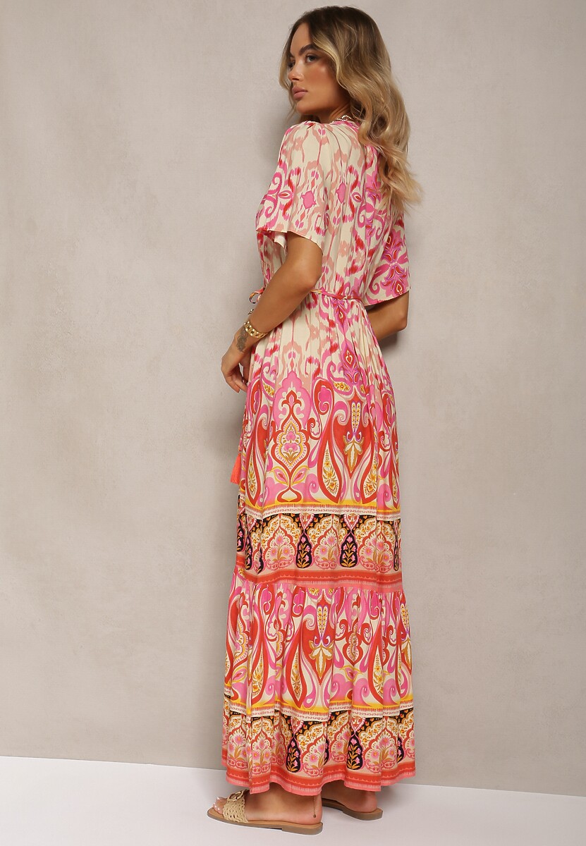 Czerwona Boho Sukienka z Wiskozy z Ozdobnymi Guzikami i Cienkim Paskiem w Talii Dimosia