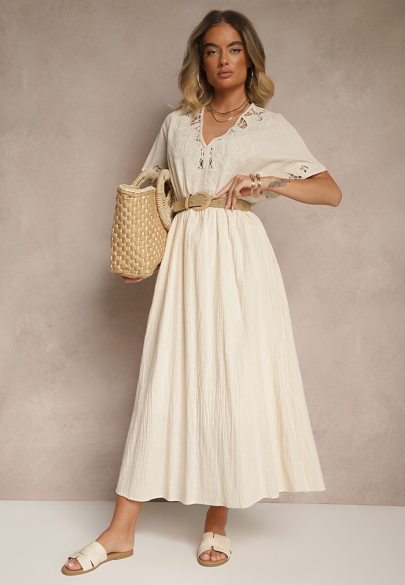 Beżowa Bawełniana Sukienka w Stylu Boho z Kieszonkami Orrane