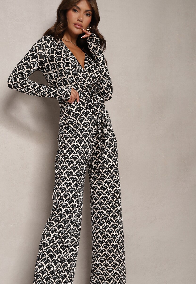 Czarny Kombinezon z Mozaikowym Wzorem z Dekoltem w Serek i Paskiem Inafil