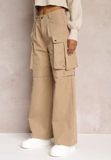 Beżowe Szerokie Spodnie High Waist w Stylu Cargo Vomisal