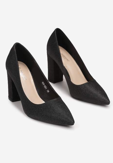 Czarne Brokatowe Czółenka na Obcasie z Noskiem w Szpic Navo
