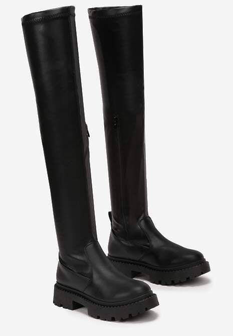 Czarne Kozaki za Kolano na Grubej Podeszwie Dolce