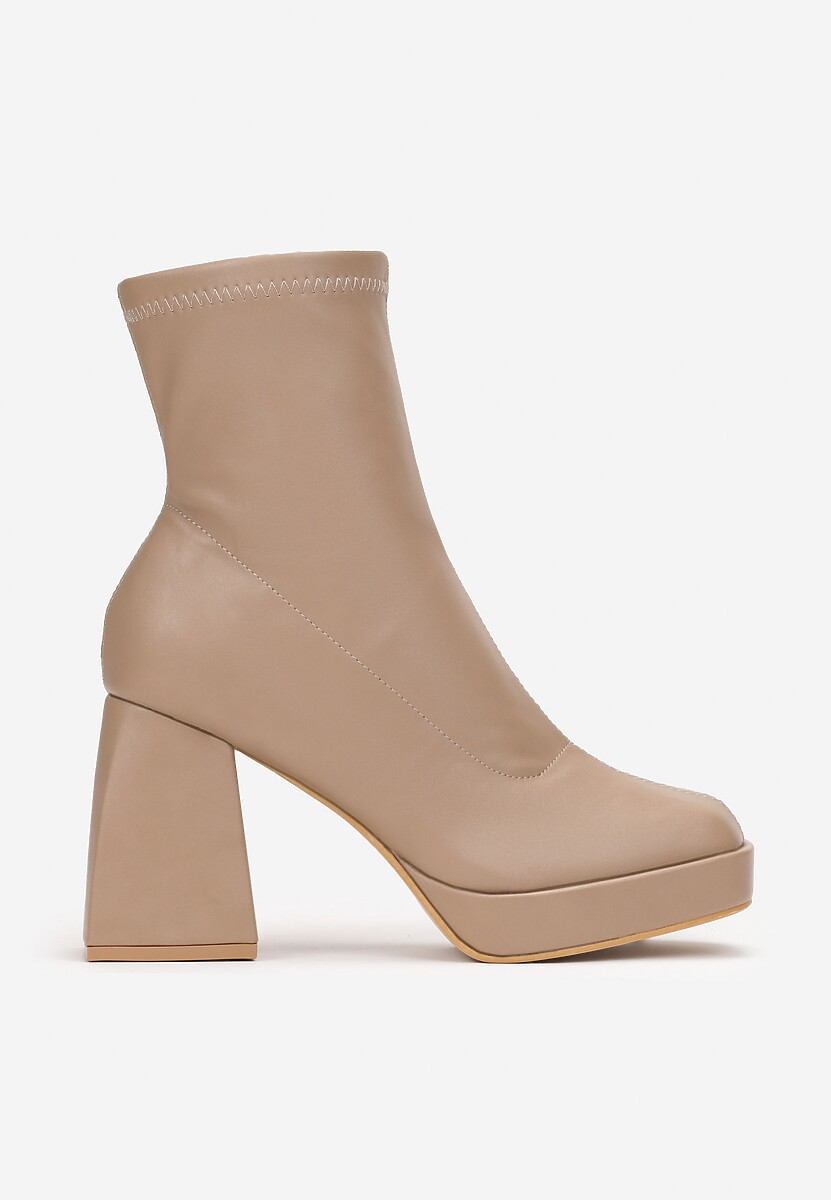 Ciemnobeżowe Dopasowane Botki na Geometrycznym Obcasie i Platformie Agriopa