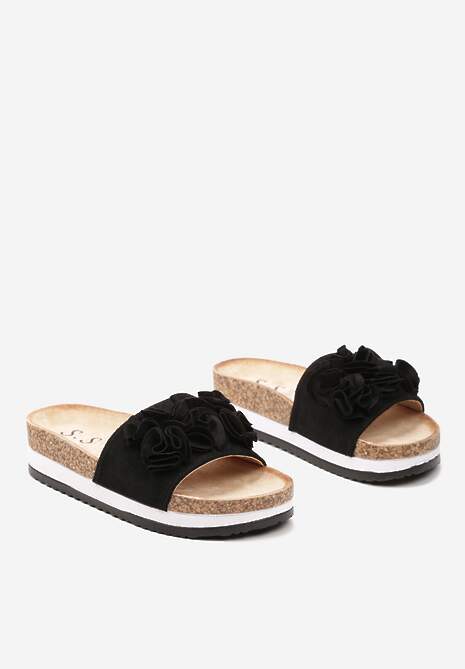 Czarne Klapki na Korkowej Grubej Podeszwie z Naszytą Aplikacją na Froncie Dirua