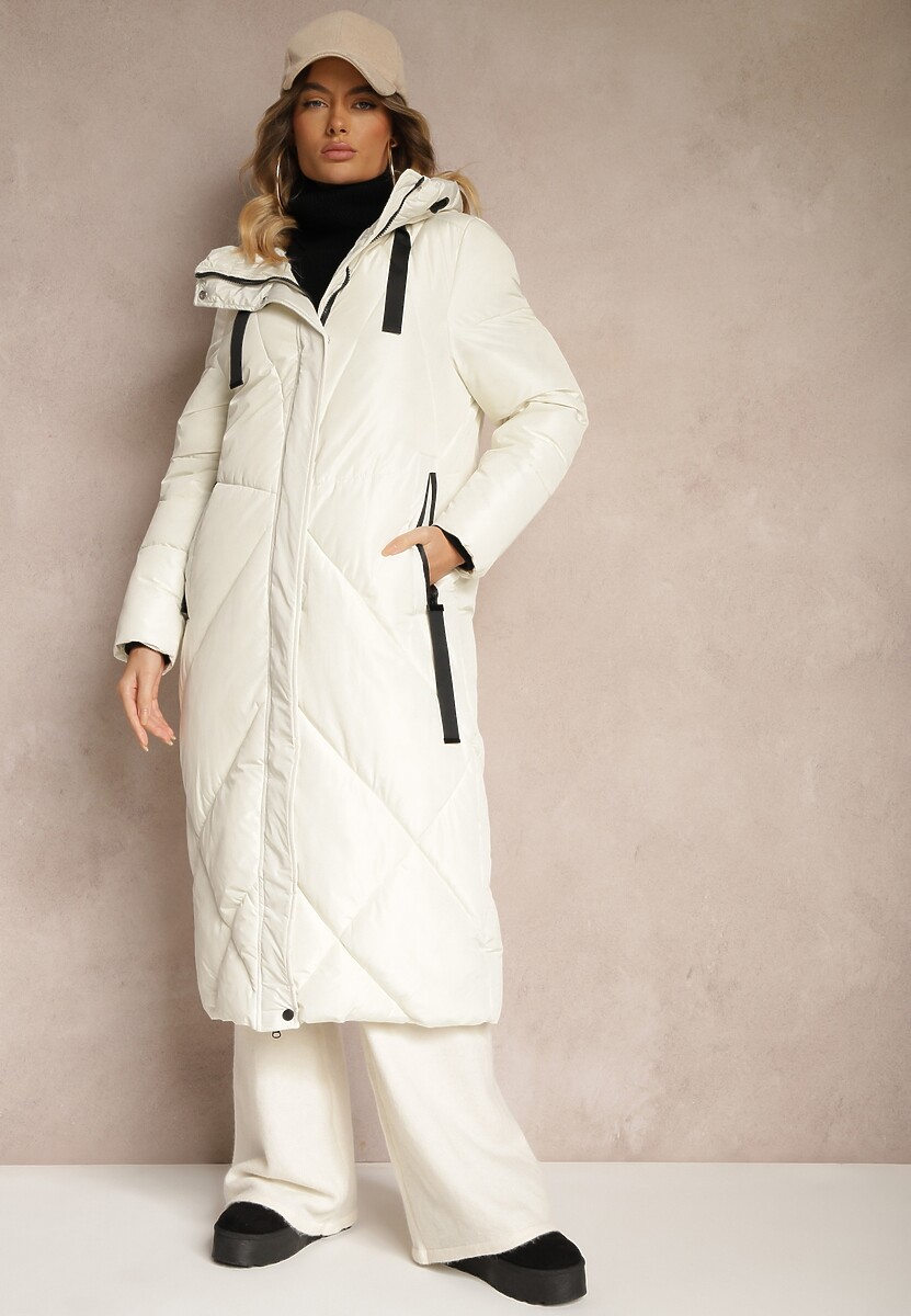 Biała Pudełkowa Kurtka o Długim Kroju z Pikowanymi Przeszyciami Kapturem i Kieszeniami Calatta