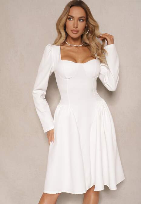Biała Sukienka o Rozkloszowanym Kroju z Gorsetową Górą Tillitte