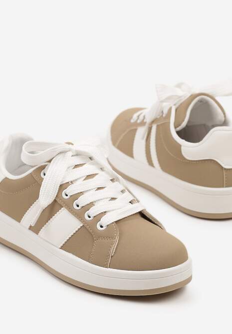 Ciemnobeżowe Płaskie Sneakersy z Paskiem Quinesi