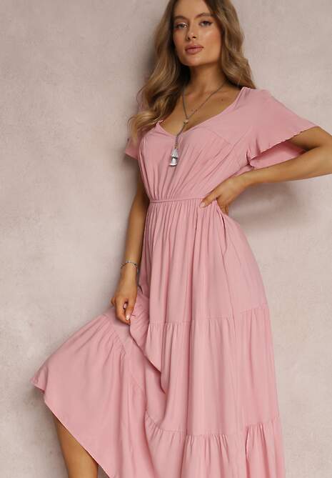 Różowa Sukienka z Wiskozy o Rozkloszowanym Kroju z Falbanami Jonmy